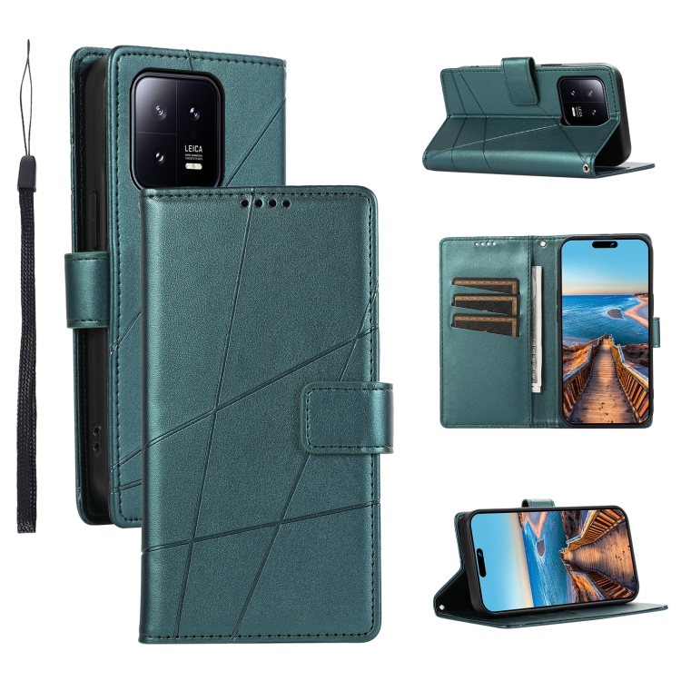 

For Xiaomi 13 PU Genuine Leather Texture Embossed Line Phone Case(Green)