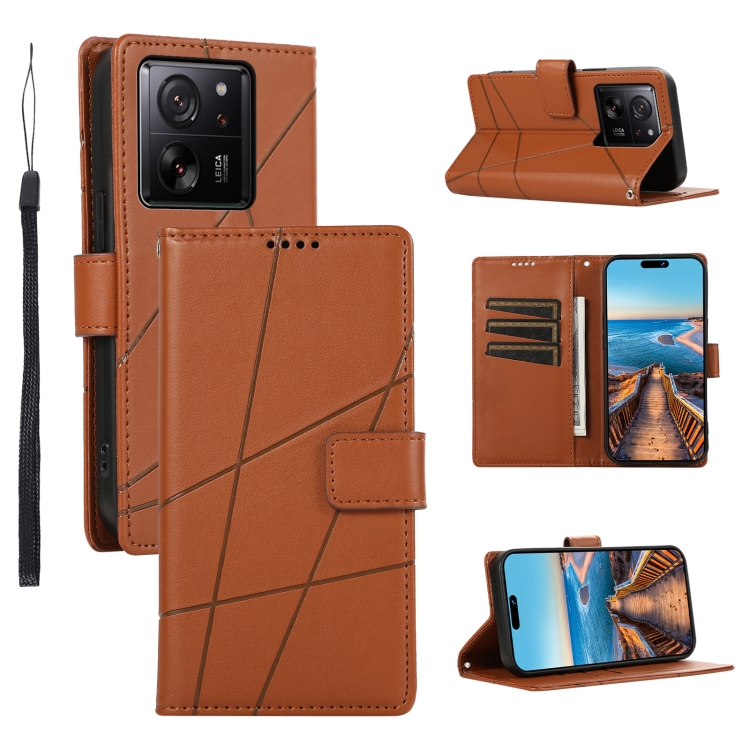 

For Xiaomi 13T PU Genuine Leather Texture Embossed Line Phone Case(Brown)