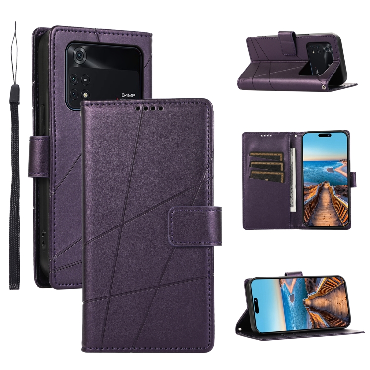 

For Xiaomi Poco M4 Pro PU Genuine Leather Texture Embossed Line Phone Case(Purple)