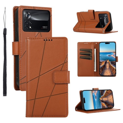 

For Xiaomi Poco X4 Pro 5G PU Genuine Leather Texture Embossed Line Phone Case(Brown)