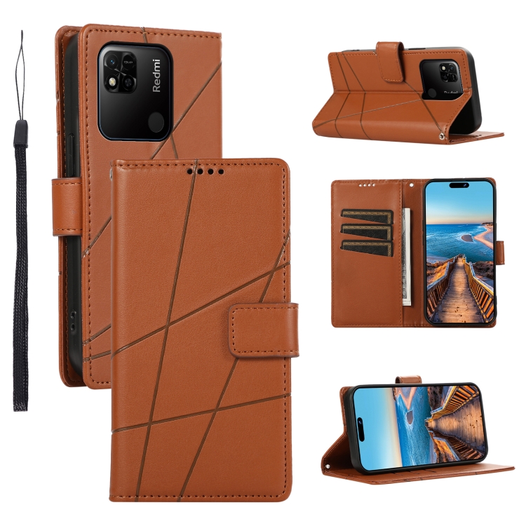 

For Xiaomi Redmi 10A PU Genuine Leather Texture Embossed Line Phone Case(Brown)