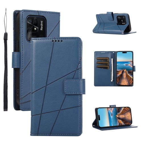 

For Xiaomi Redmi 10C PU Genuine Leather Texture Embossed Line Phone Case(Blue)