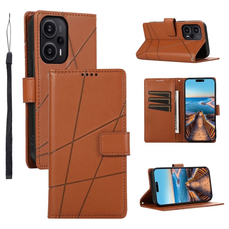 

For Xiaomi Redmi Note 12 Turbo PU Genuine Leather Texture Embossed Line Phone Case(Brown)