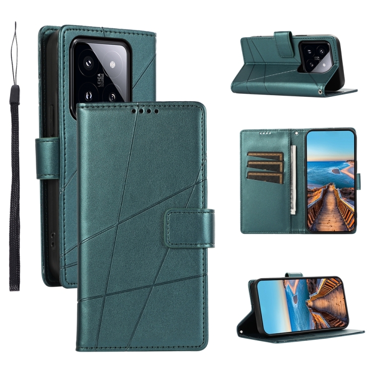 

For Xiaomi 14 Pro PU Genuine Leather Texture Embossed Line Phone Case(Green)