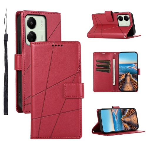 

For Xiaomi Redmi 13C PU Genuine Leather Texture Embossed Line Phone Case(Red)