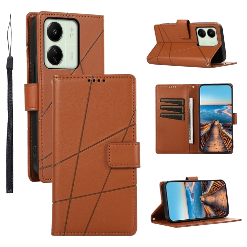 

For Xiaomi Redmi 13C PU Genuine Leather Texture Embossed Line Phone Case(Brown)