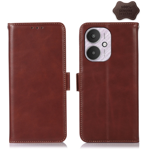 For Xiaomi Redmi 13C 4G/5G/Poco C65/Poco M6 Magnetic Crazy Horse Texture Genuine Leather RFID Phone Case(Brown) for iphone 11 pro max skin feeling oil leather texture pu tpu phone case brown