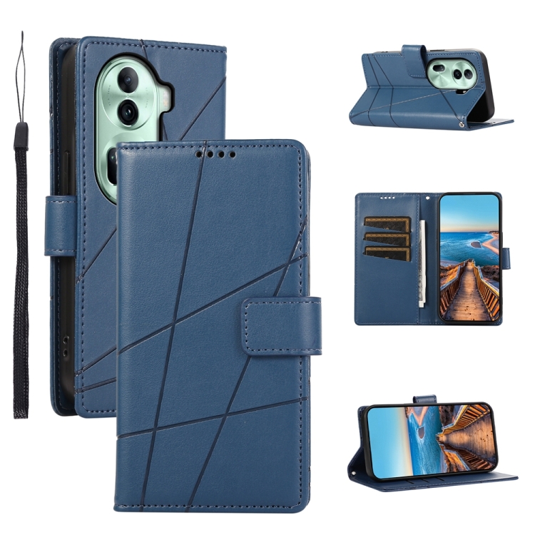 

For OPPO Reno11 PU Genuine Leather Texture Embossed Line Phone Case(Blue)