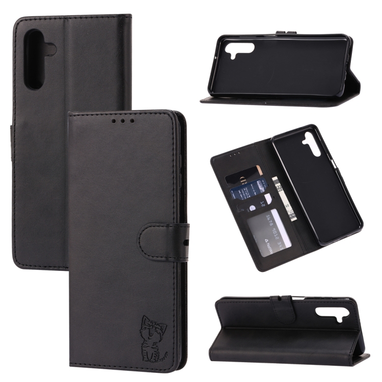 

For Samsung Galaxy A15 Embossed Happy Cat Pattern Flip Leather Phone Case(Black)