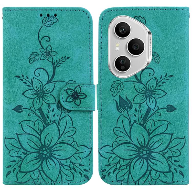 

For Honor 400 Pro Global 160.8mm Lily Embossed Leather Phone Case(Green)
