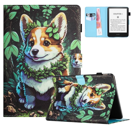 

For Amazon Kindle Paperwhite 12th Gen 2024 Colored Drawing Stitching Leather Tablet Smart Case(Corgi)