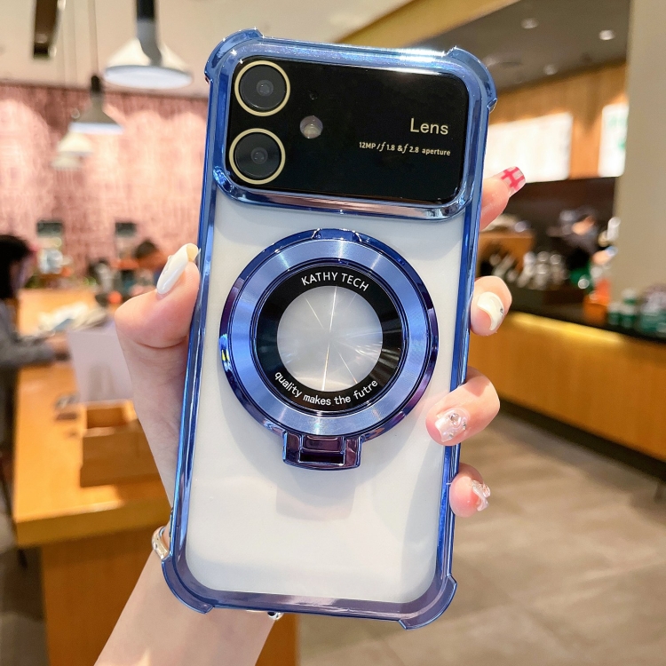

For iPhone 12 MagSafe Holder Shockproof TPU Phone Case with Lens Film(Blue)
