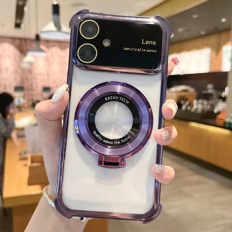 

For iPhone 12 MagSafe Holder Shockproof TPU Phone Case with Lens Film(Purple)