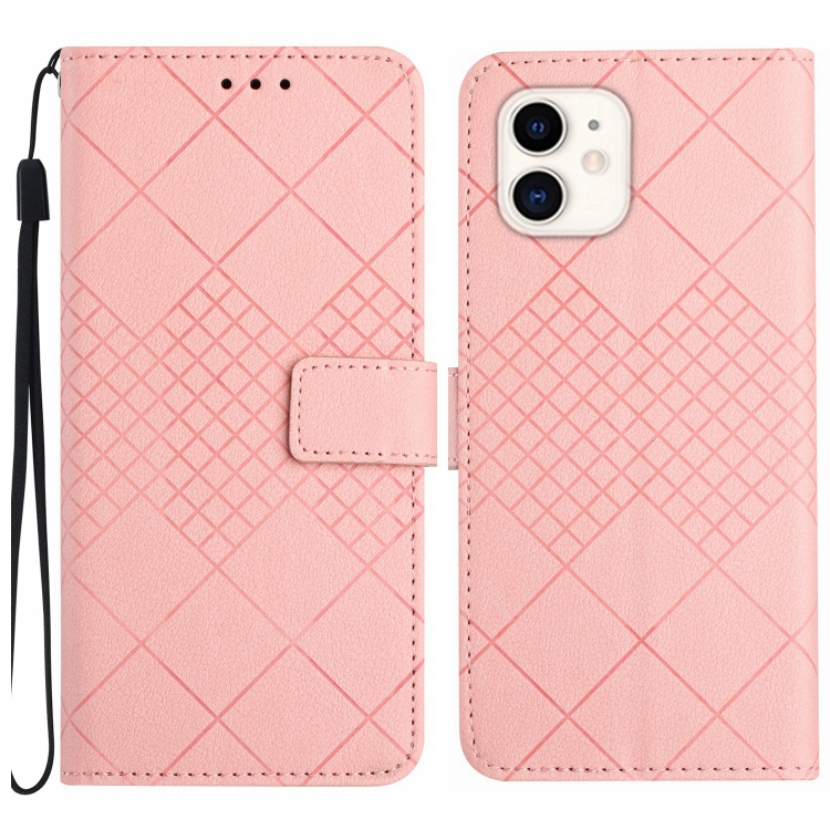

For iPhone 12 / 12 Pro Rhombic Grid Texture Leather Phone Case(Pink)