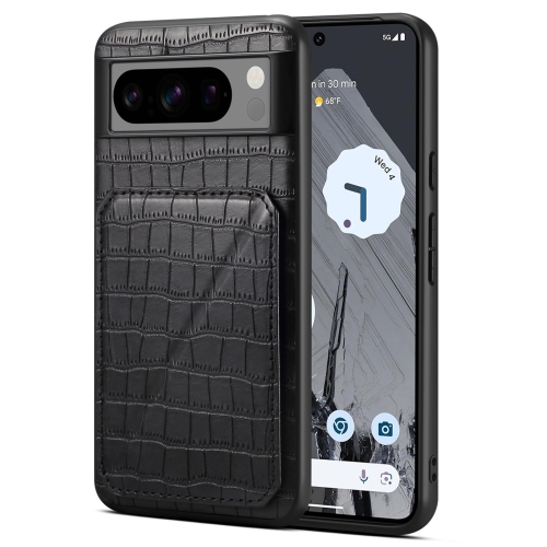 

For Google Pixel 8 Pro Denior Crocodile Texture Holder Electroplating Phone Case(Black)