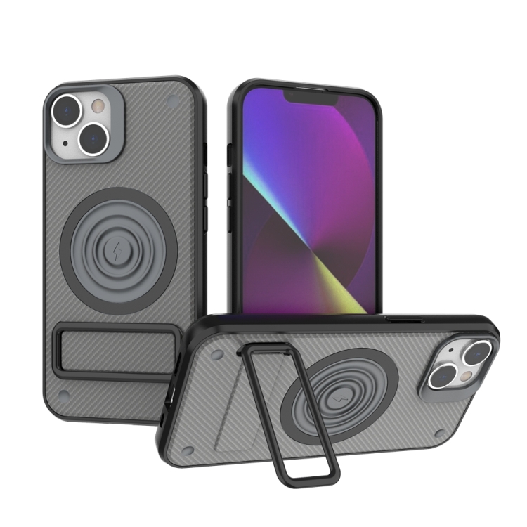 

For iPhone 14 Carbon Fiber Texture PC + TPU Phone Case with Metal Holder(Grey)