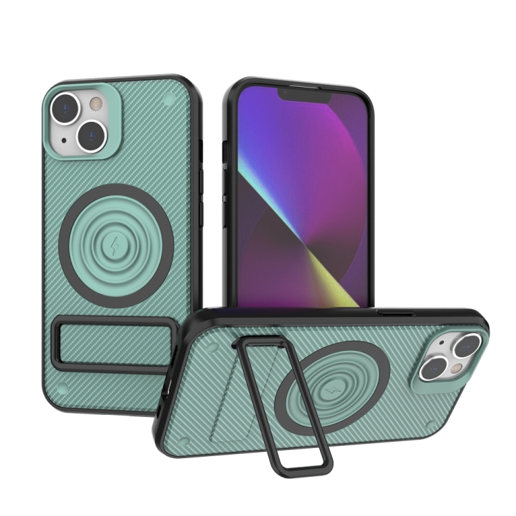 

For iPhone 14 Carbon Fiber Texture PC + TPU Phone Case with Metal Holder(Green)