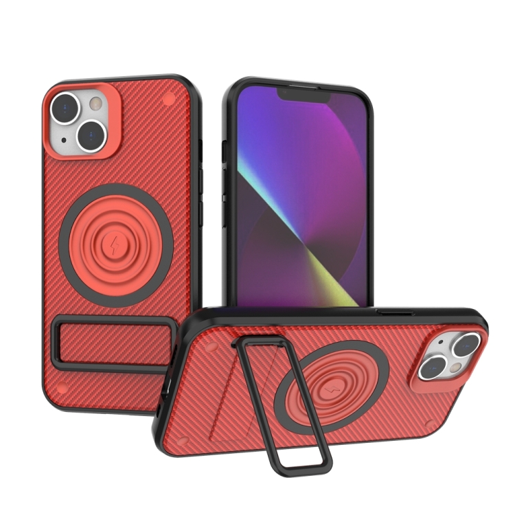 

For iPhone 14 Carbon Fiber Texture PC + TPU Phone Case with Metal Holder(Red)