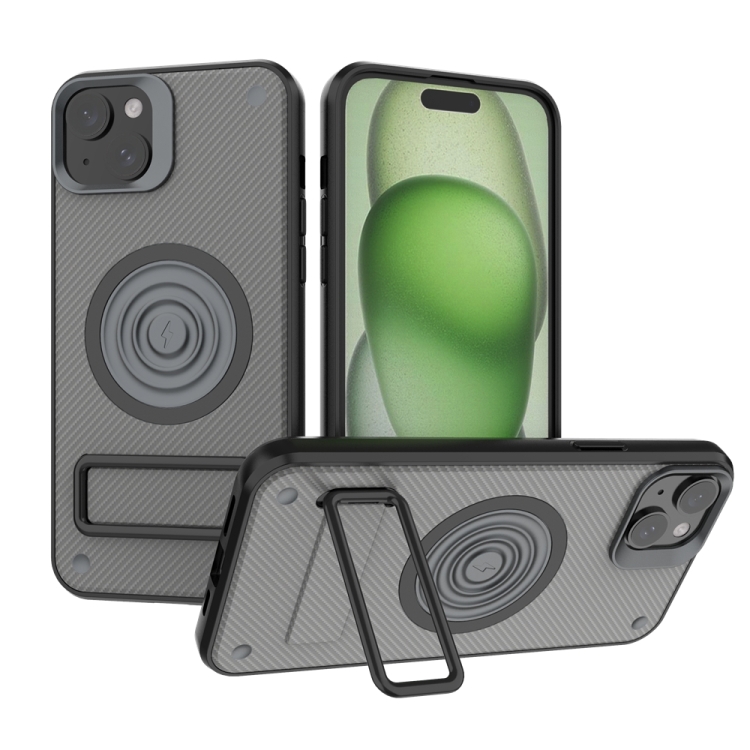 

For iPhone 14 Plus Carbon Fiber Texture PC + TPU Phone Case with Metal Holder(Grey)