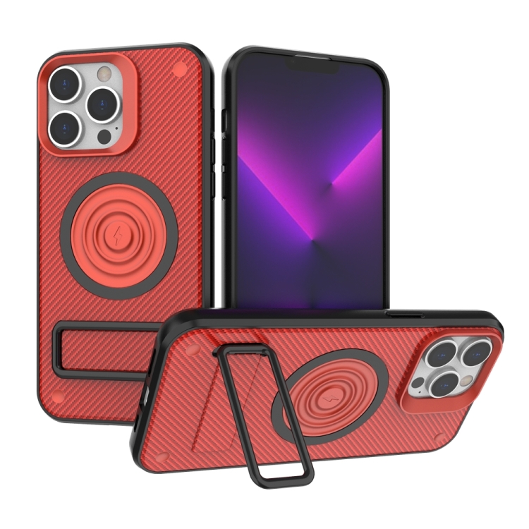 

For iPhone 14 Pro Max Carbon Fiber Texture PC + TPU Phone Case with Metal Holder(Red)