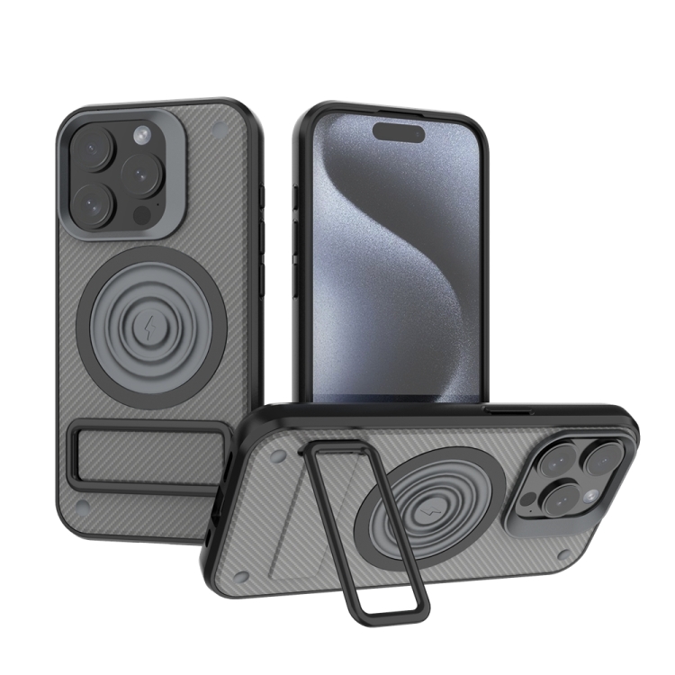 

For iPhone 15 Pro Carbon Fiber Texture PC + TPU Phone Case with Metal Holder(Grey)