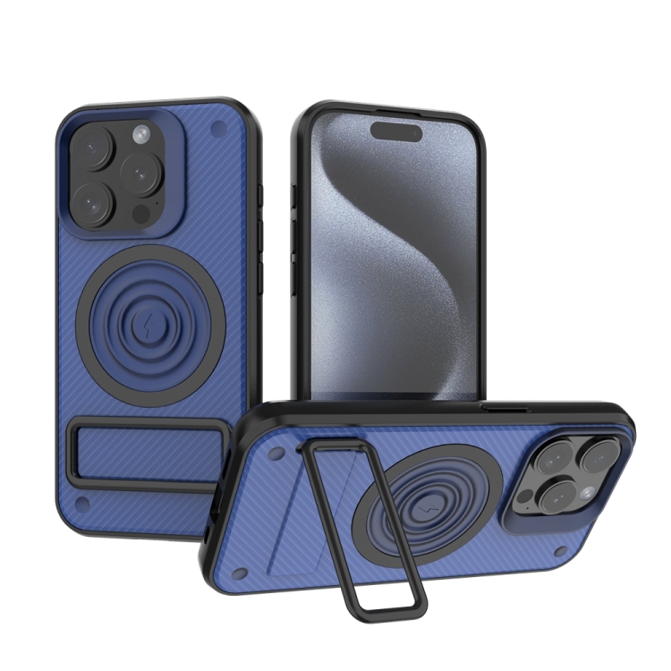 

For iPhone 15 Pro Carbon Fiber Texture PC + TPU Phone Case with Metal Holder(Blue)