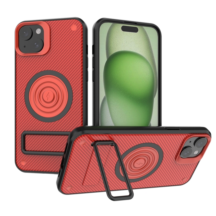 

For iPhone 15 Plus Carbon Fiber Texture PC + TPU Phone Case with Metal Holder(Red)