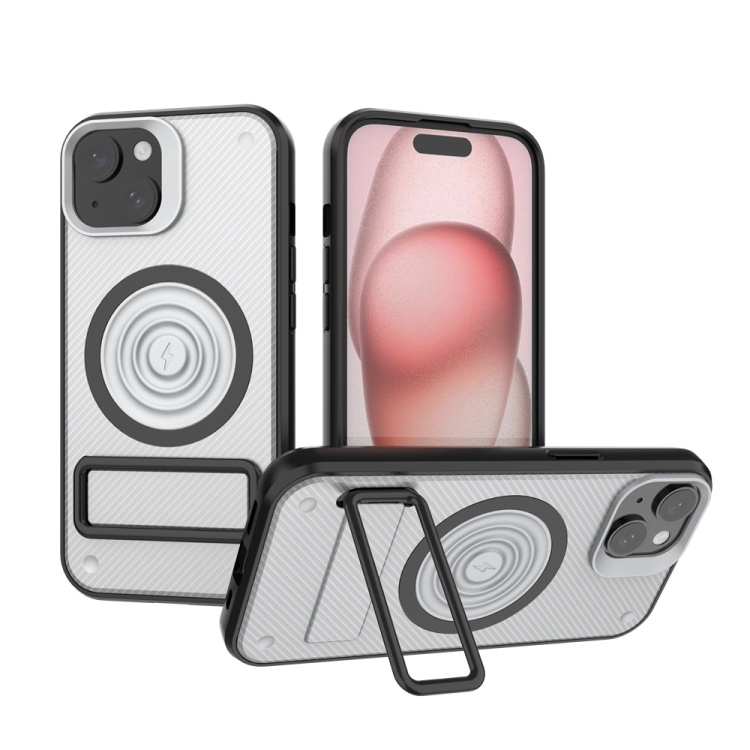 

For iPhone 15 Carbon Fiber Texture PC + TPU Phone Case with Metal Holder(White)