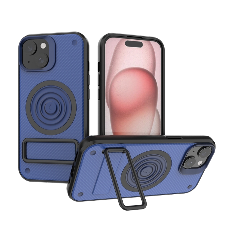 

For iPhone 15 Carbon Fiber Texture PC + TPU Phone Case with Metal Holder(Blue)