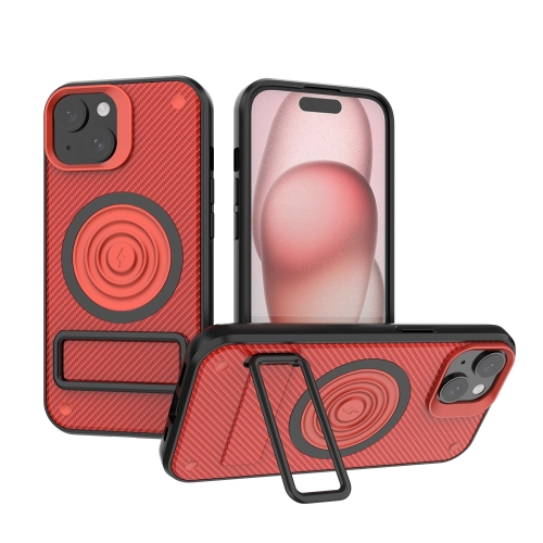 

For iPhone 15 Carbon Fiber Texture PC + TPU Phone Case with Metal Holder(Red)