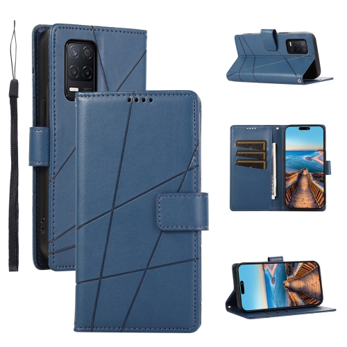 

For Realme 8 PU Genuine Leather Texture Embossed Line Phone Case(Blue)