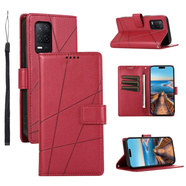 

For Realme 8 PU Genuine Leather Texture Embossed Line Phone Case(Red)