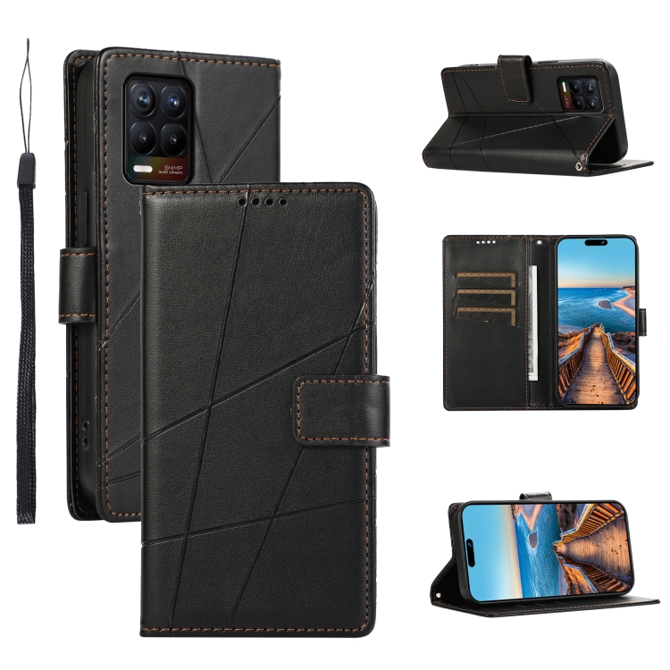 

For Realme 8 5G PU Genuine Leather Texture Embossed Line Phone Case(Black)