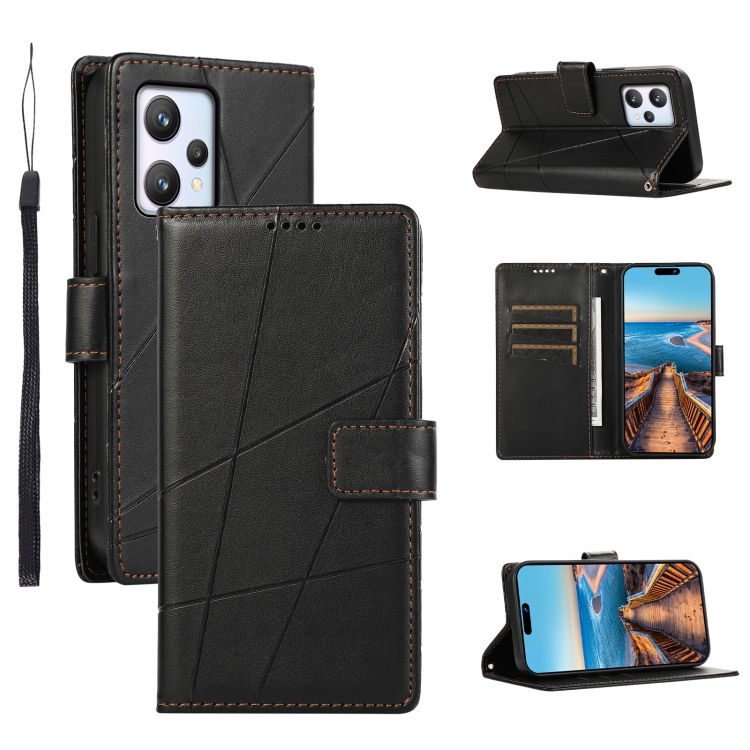 

For Realme 9 4G PU Genuine Leather Texture Embossed Line Phone Case(Black)