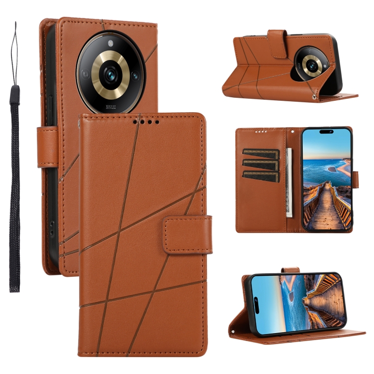 

For Realme 11 Pro PU Genuine Leather Texture Embossed Line Phone Case(Brown)