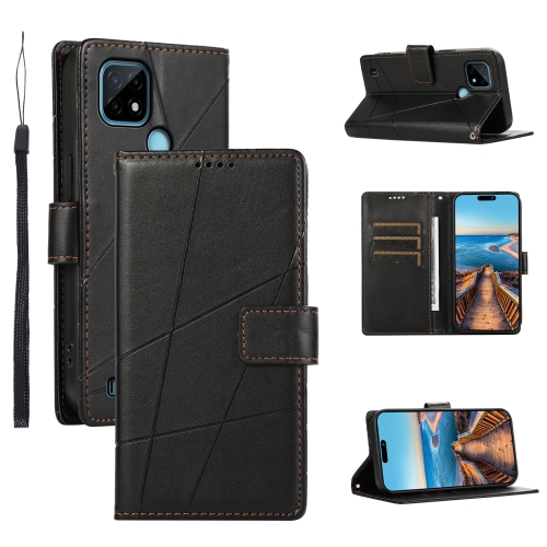 

For Realme C21 PU Genuine Leather Texture Embossed Line Phone Case(Black)