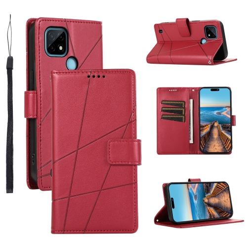 

For Realme C21 PU Genuine Leather Texture Embossed Line Phone Case(Red)