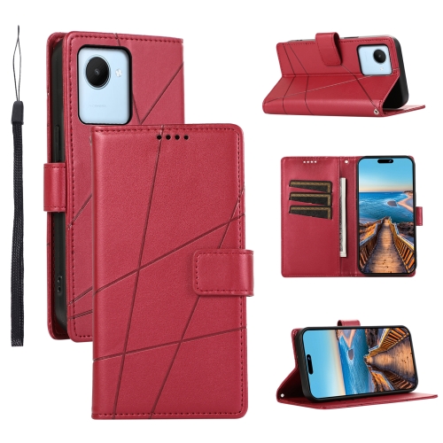 

For Realme C30 PU Genuine Leather Texture Embossed Line Phone Case(Red)