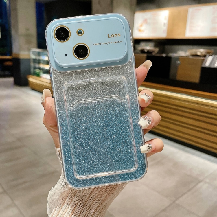

For iPhone 14 Large Window Gradient Glitter Phone Case with Card Slot(Blue)