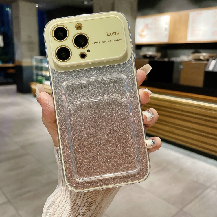 

For iPhone 13 Pro Max Large Window Gradient Glitter Phone Case with Card Slot(Yellow)