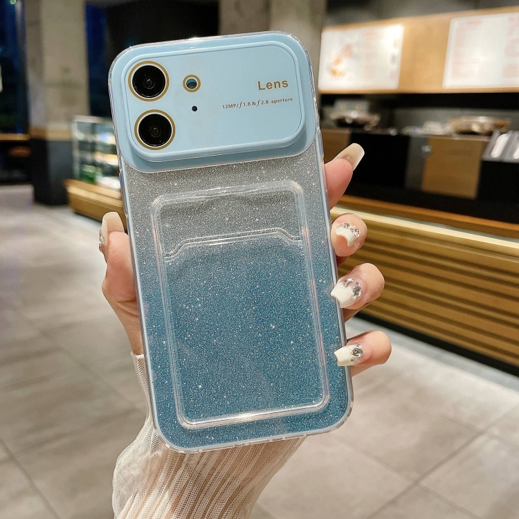 

For iPhone 12 Large Window Gradient Glitter Phone Case with Card Slot(Blue)