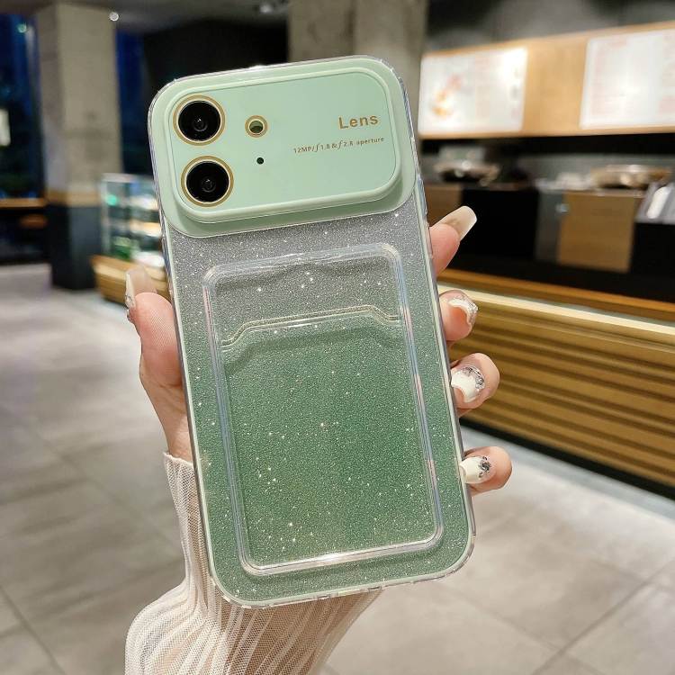 

For iPhone 12 Large Window Gradient Glitter Phone Case with Card Slot(Green)