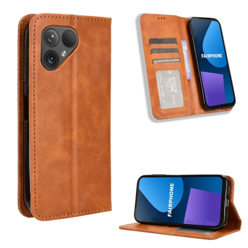 

For Fairphone 5 Magnetic Buckle Retro Texture Leather Phone Case(Brown)