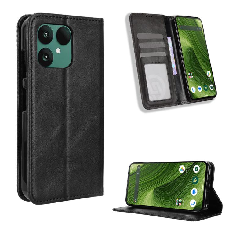 

For Fairphone 6 Magnetic Buckle Retro Texture Leather Phone Case(Black)