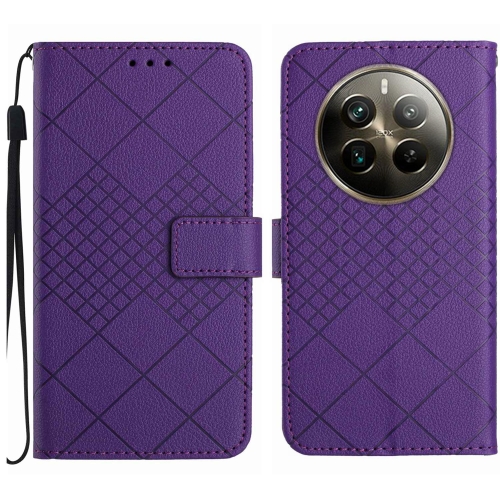 

For Realme 12+ Global Rhombic Grid Texture Leather Phone Case(Purple)