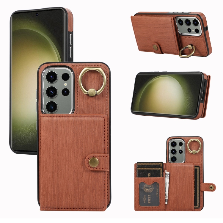

For Samsung Galaxy Galaxy S23 Ultra 5G Brushed Texture Wallet Ring Holder Phone Case(Brown)