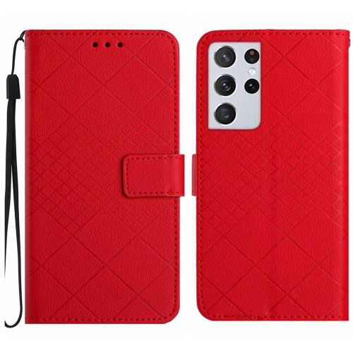 

For Samsung Galaxy S21 Ultra 5G Rhombic Grid Texture Leather Phone Case(Red)