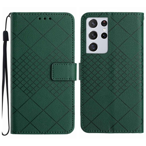

For Samsung Galaxy S21 Ultra 5G Rhombic Grid Texture Leather Phone Case(Green)