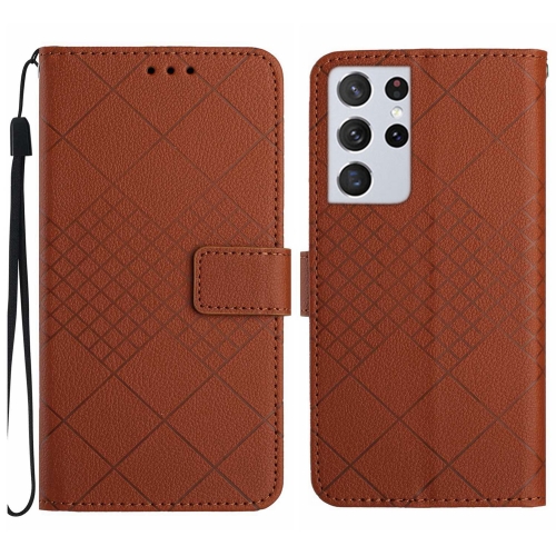 

For Samsung Galaxy S21 Ultra 5G Rhombic Grid Texture Leather Phone Case(Brown)