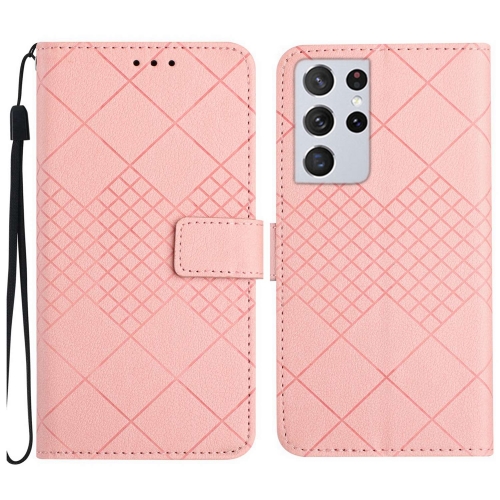 

For Samsung Galaxy S21 Ultra 5G Rhombic Grid Texture Leather Phone Case(Pink)